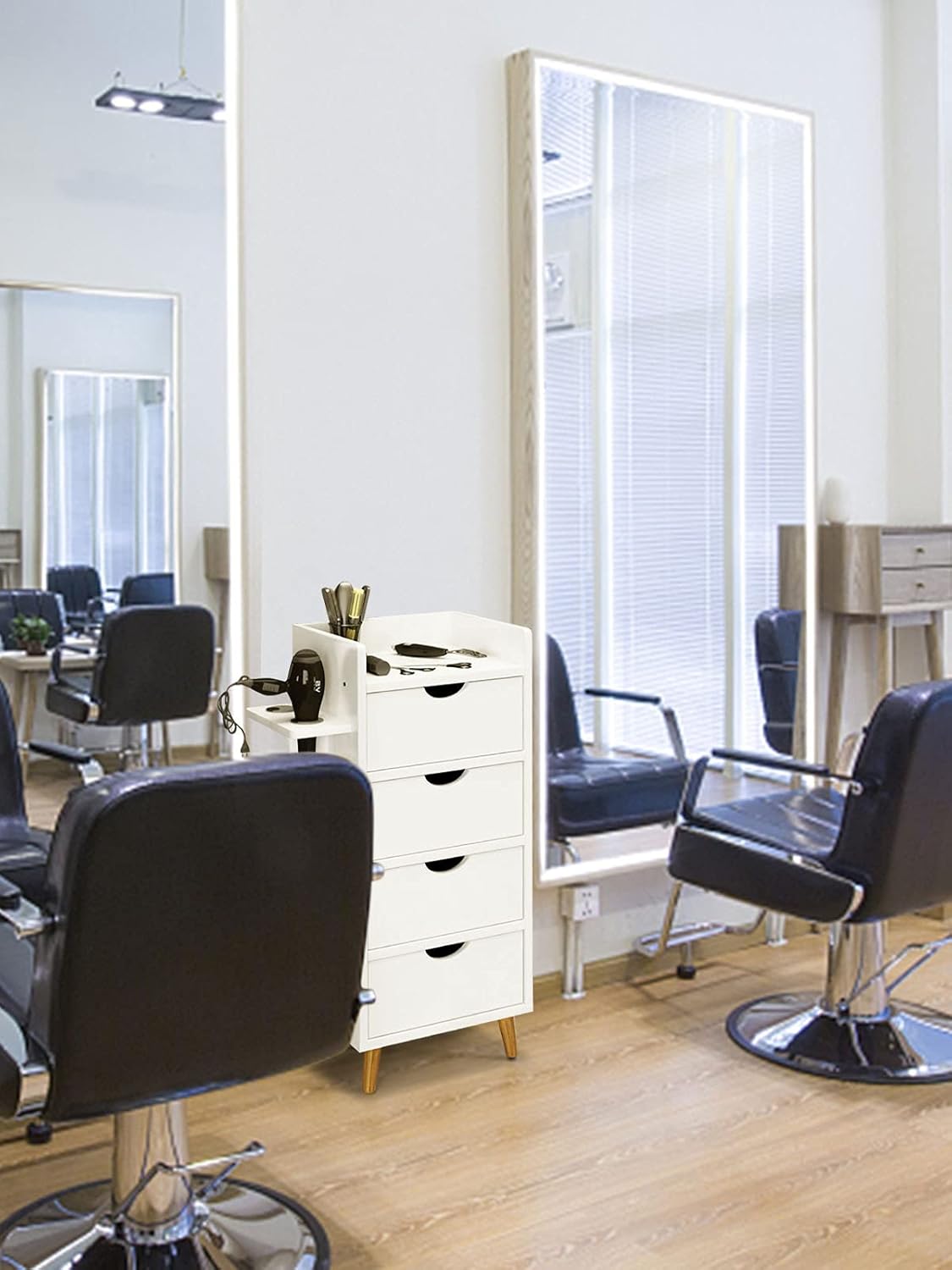 EBANKU Salon Station Beauty Salon Storage Cabinet Stylist Equipment, Hair Salon Storage Organizer Barber Shop Furniture Free Standing with 4 Drawers and 2 Hairdryer Holder (White) : Beauty & Personal Care