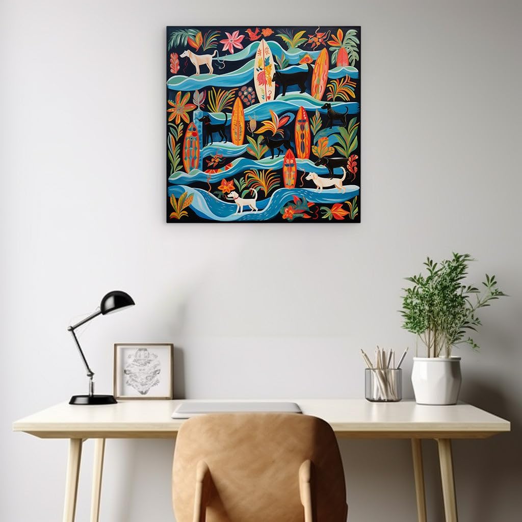 Canvas for Living room. Dogs Surfing in a Riot of Color: A Vivid Square Canvas Adventure, 27 x 18 inch Canvas Wall Art - Nature Home Decor - 69x46 cm (27x18 inch)