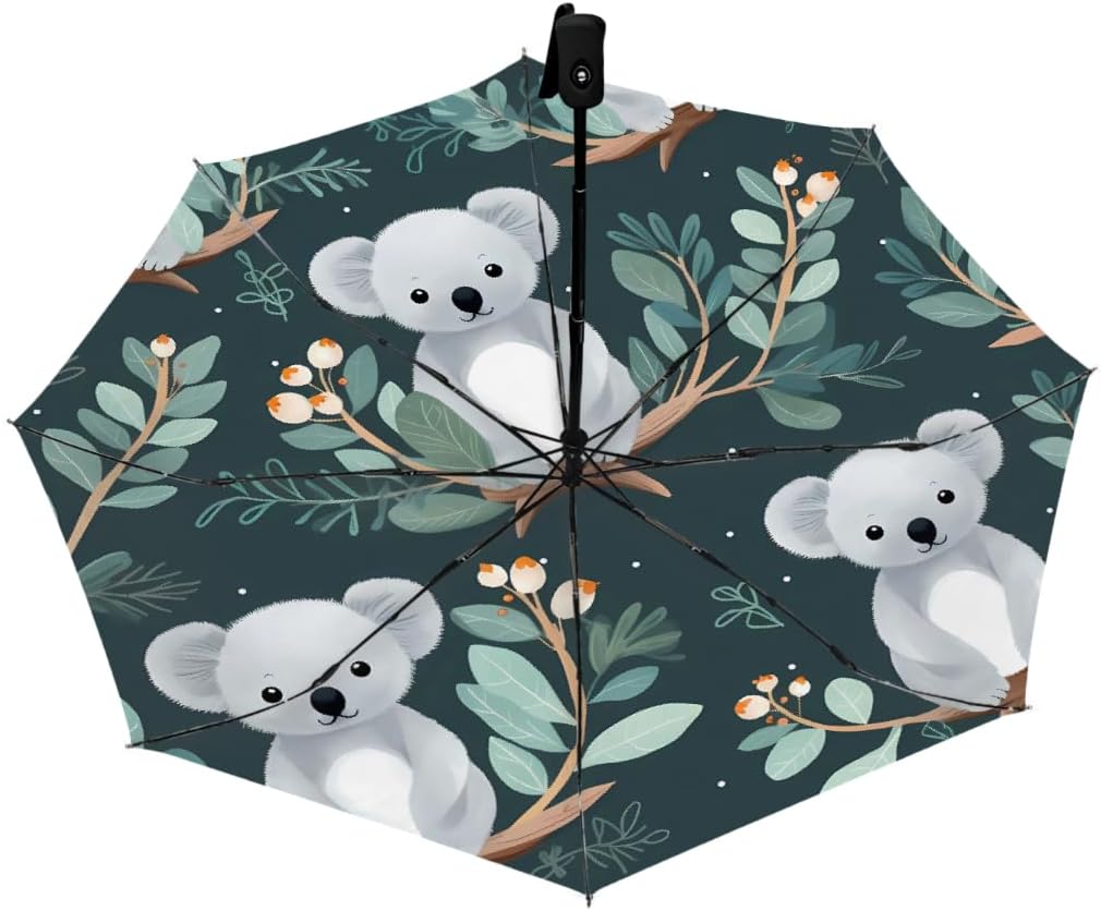 Cute Koala Branch Pattern Folding Umbrella Windproof Compact Lightweight Travel Umbrella with 8 Reinforced Ribs, Portable UV Sun & Rain Protection for Men & Women