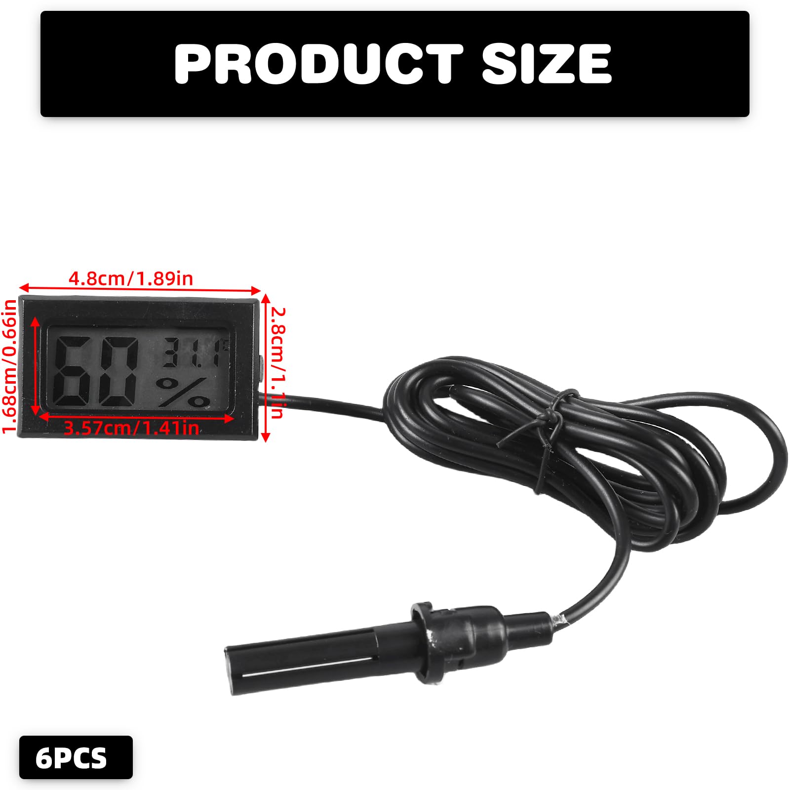 Lot de 6 mini thermomètres numériques LCD avec capteur et câble de 1,5 m pour reptiles, incubateurs et aquariums