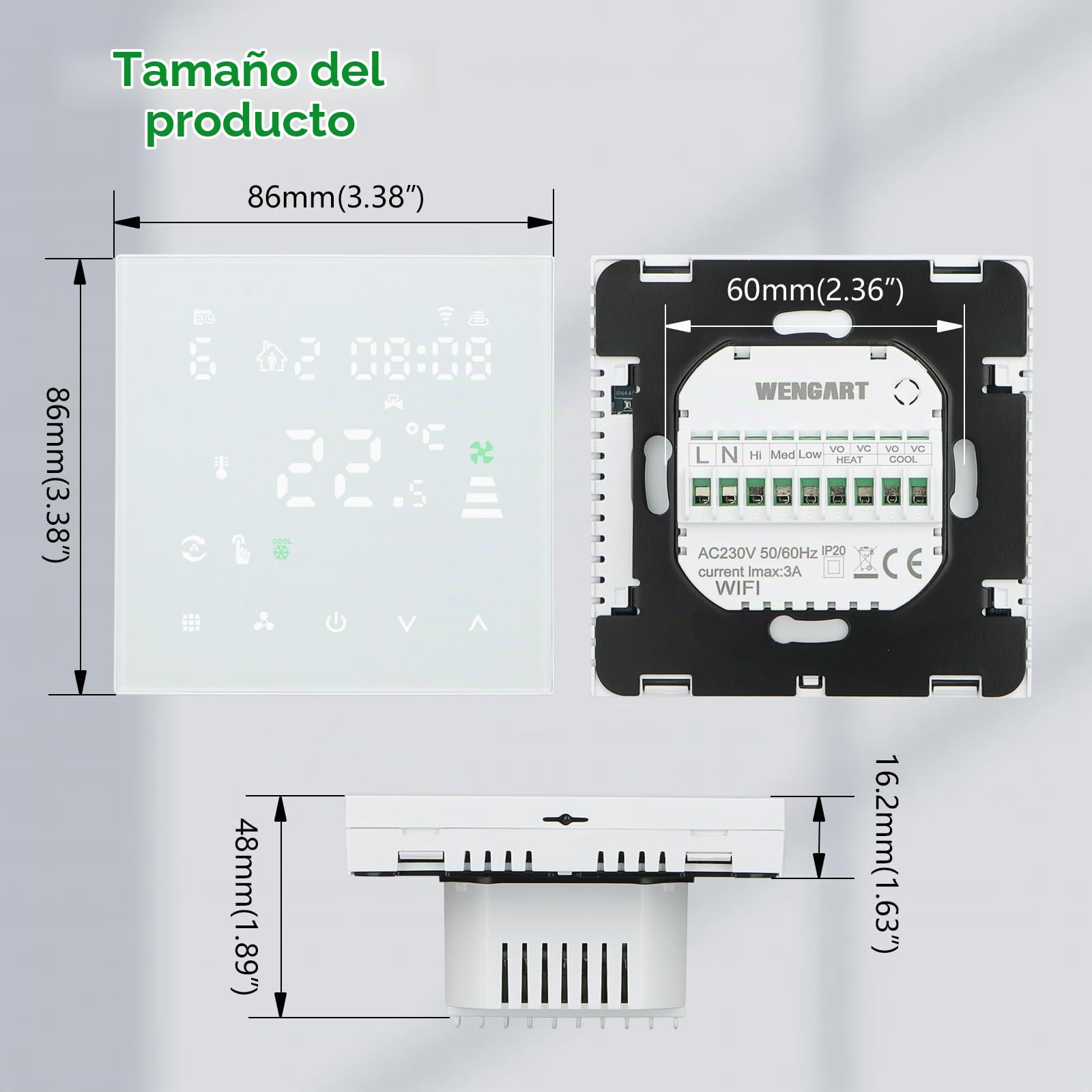 Wengart Termostato de Bobina de Ventilador WiFi WG607AC, CA 230 V máx. 3 A, 2,4 GHz, Wi-Fi, aplicación Tuya, Cuatro Tubos para Aire Acondicionado, Compatible con Alexa Echo/Google Home, Color Blanco