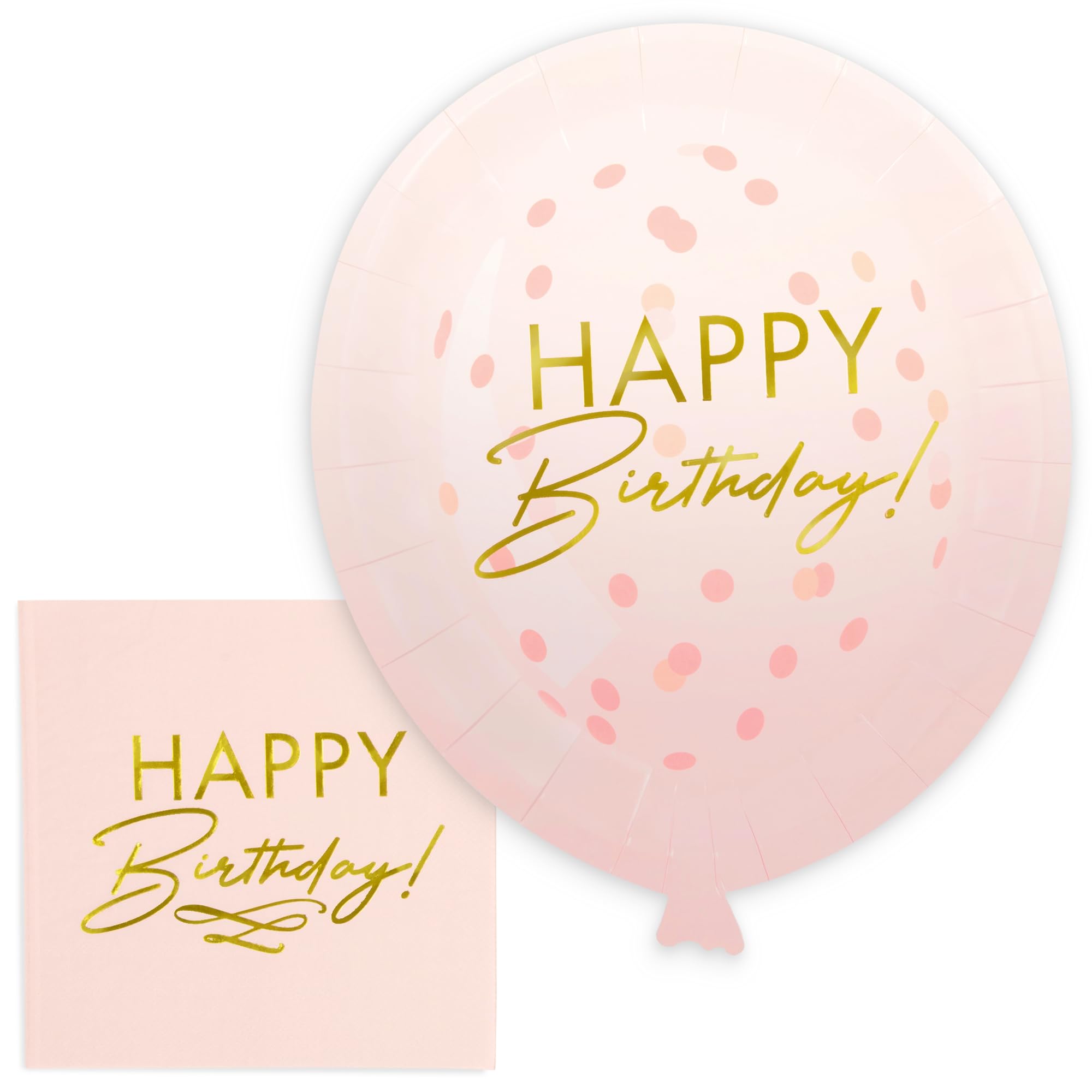 Photo 1 of Happy Birthday Plates and Napkins Set - Serves 24 - Disposable Rose Gold Pink Birthday Party Supplies for Girls, Women - Cute Balloon Shape