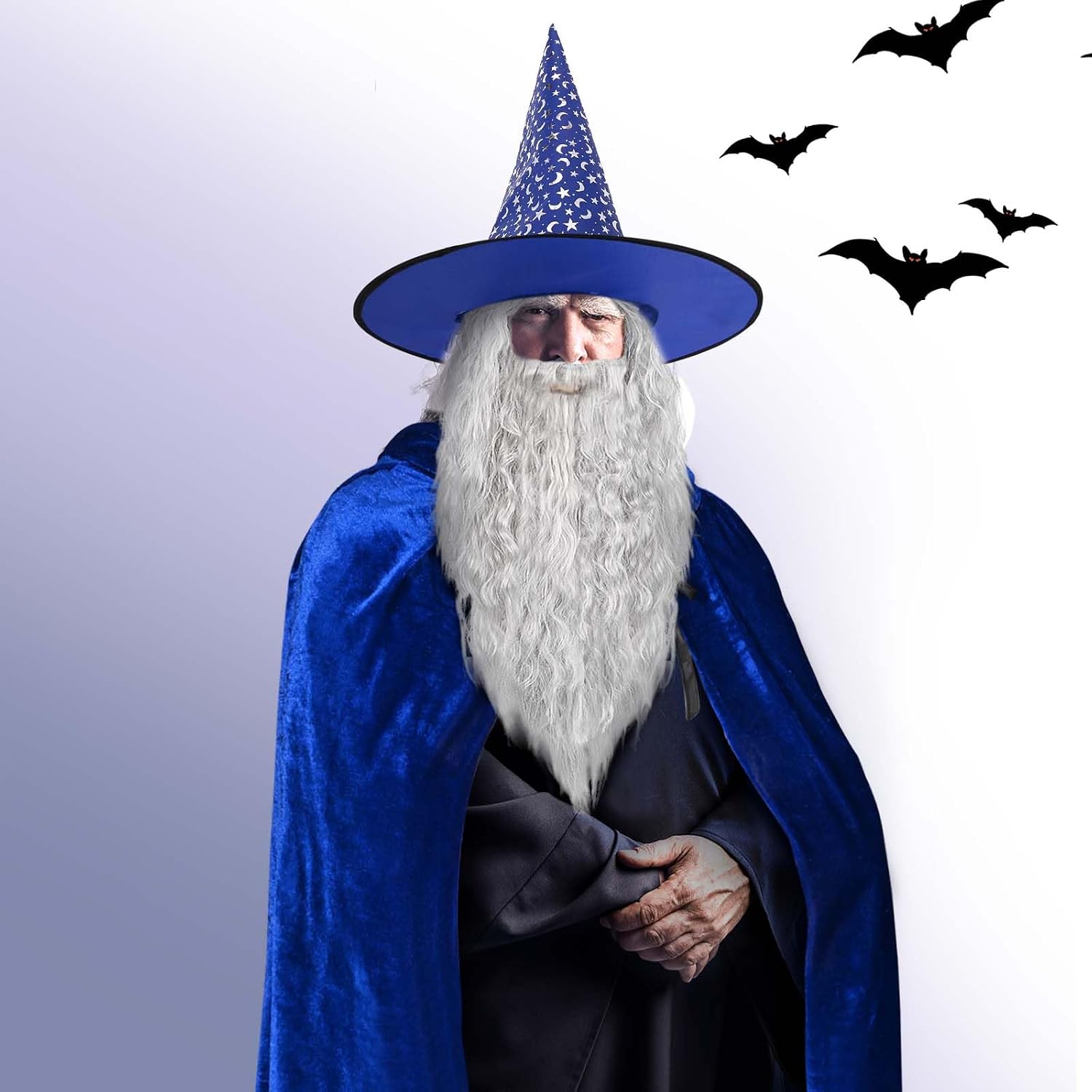 4 Pcs Halloween Wizard Costume Wizard Hat,Velvet Cape,Wig Beard and Wand for Men Women Party Dress Up