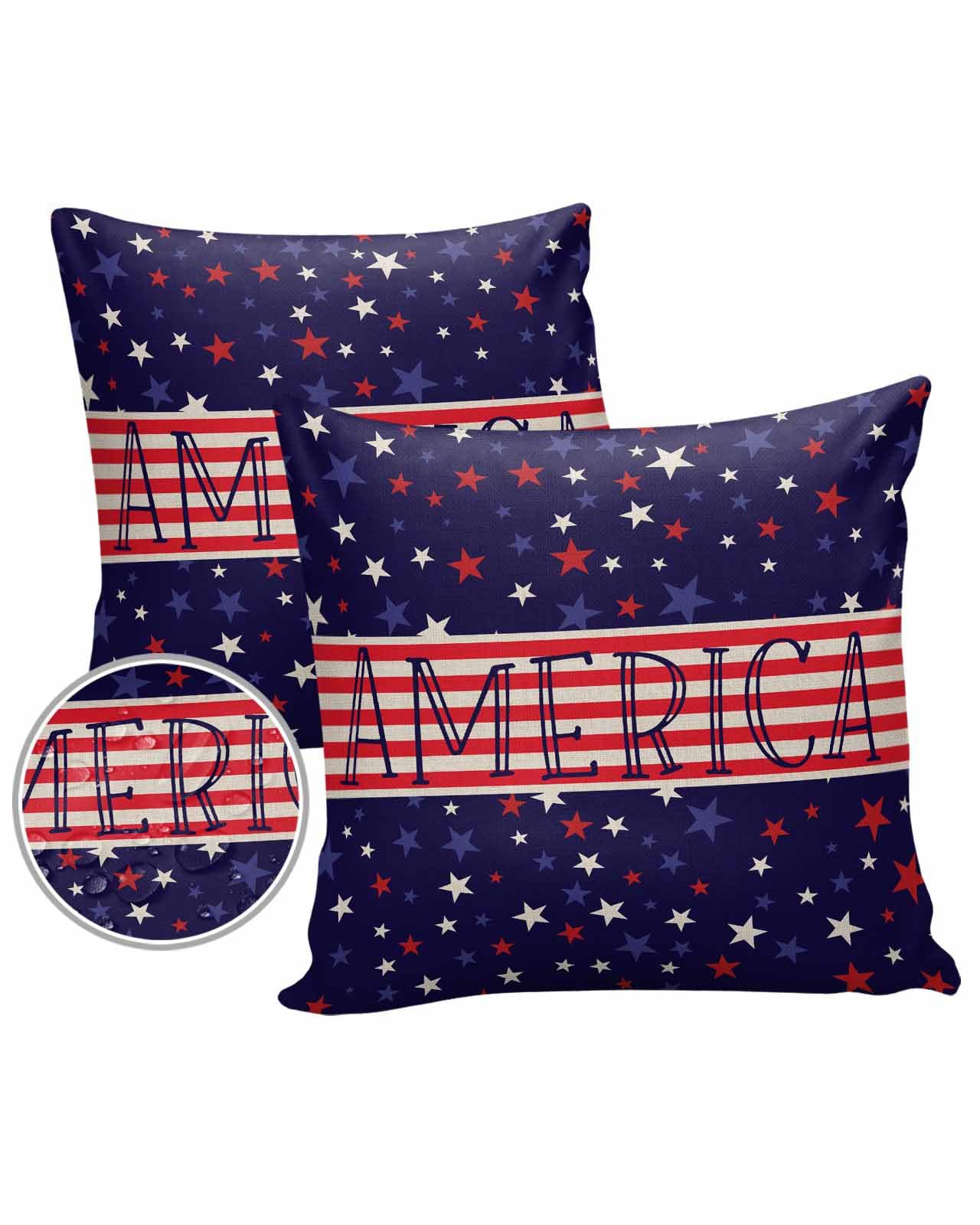 Outdoor Pillow Covers 16 x 16 in, 4th of July Waterproof Throw Pillow Cover Set of 2, Independence Day American Star Blue Red Rustic Home Decorative Square Cushion Covers for Patio/Couch/Garden
