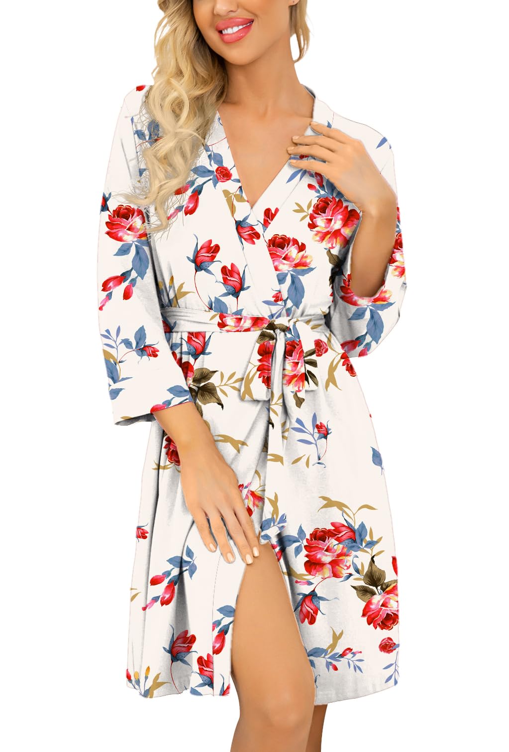 PrinStory Womens Robe Lightweight Short Knit Bathrobe Soft Ladies Sleepwear with Pockets