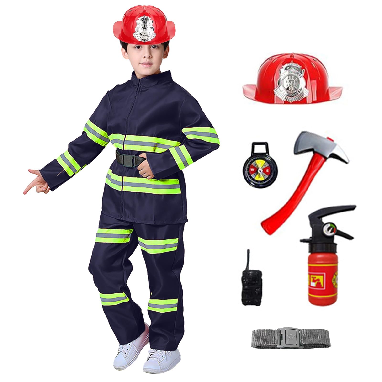 DeAO Costume De Pompier Pour Enfants - Jeu De Rôle Avec Extincteur, Veste, Casque, Sifflet, Cosplay De Pompier, Garçons Et Filles De 3 à 4 Ans, Pour Carnaval, Halloween, Carnaval - Jaune
