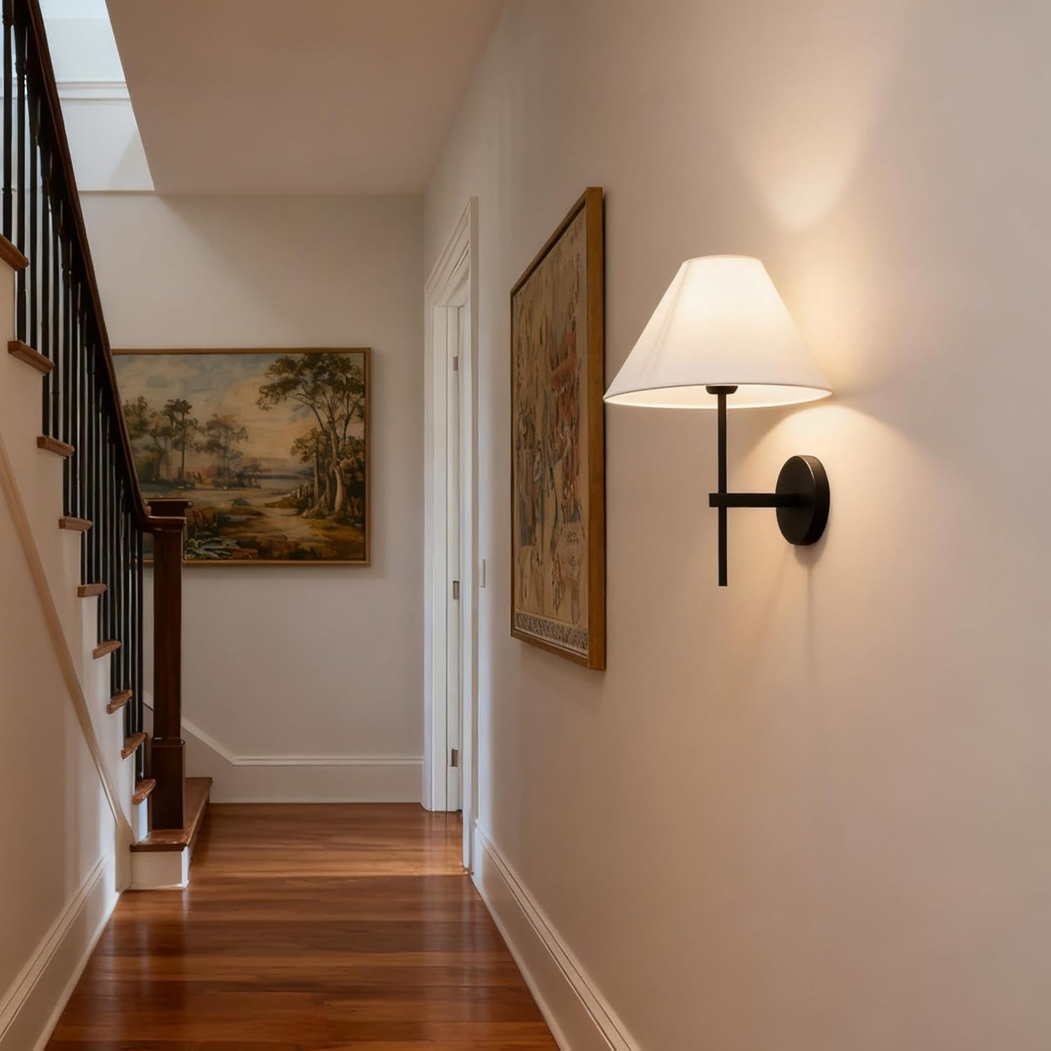 Pathson Vintage White Fabric Wall Sconce Big Cone Lampshade, Hardwired Wall Vanity Light Fixture Upwards Install, Indoor Bedside Lamp Victorian Decor for Living Room, Stairwell, Fireplace, Foyer