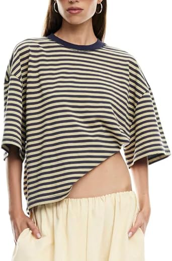 Y2k Women Oversized Striped Shirt Short Sleeve Crewneck Loose Fit T Shirts Casual Blouse Tee Fairy Grunge Tops