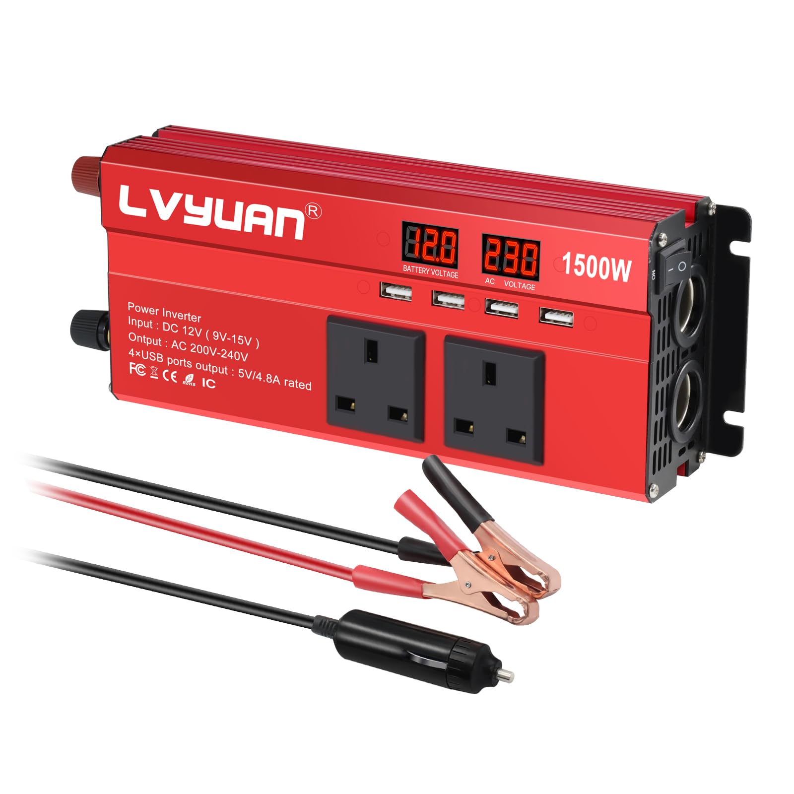 LVYUAN Power Inverter 12V to 240V AC Car Converter 600W /1500W Peak 4 USB 2 AC Sockets Dual Car cigarette lighter socket With 2 LED