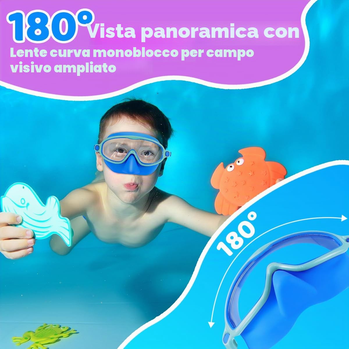 Vvinca Set di 2 occhialini da nuoto con protezione per il naso per bambini da 3 a 15 anni | Maschera subacquea grandangolare, impermeabile, anti-appannamento, protezione UV