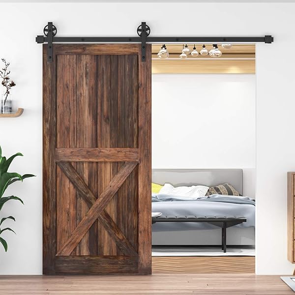 WINSOON 200cm Herrajes para puertas corredizas de granero de madera antigua Básico Negro Kit de rodillos de rueda de radios grandes Sistema de rieles de soporte para gabinete - 2