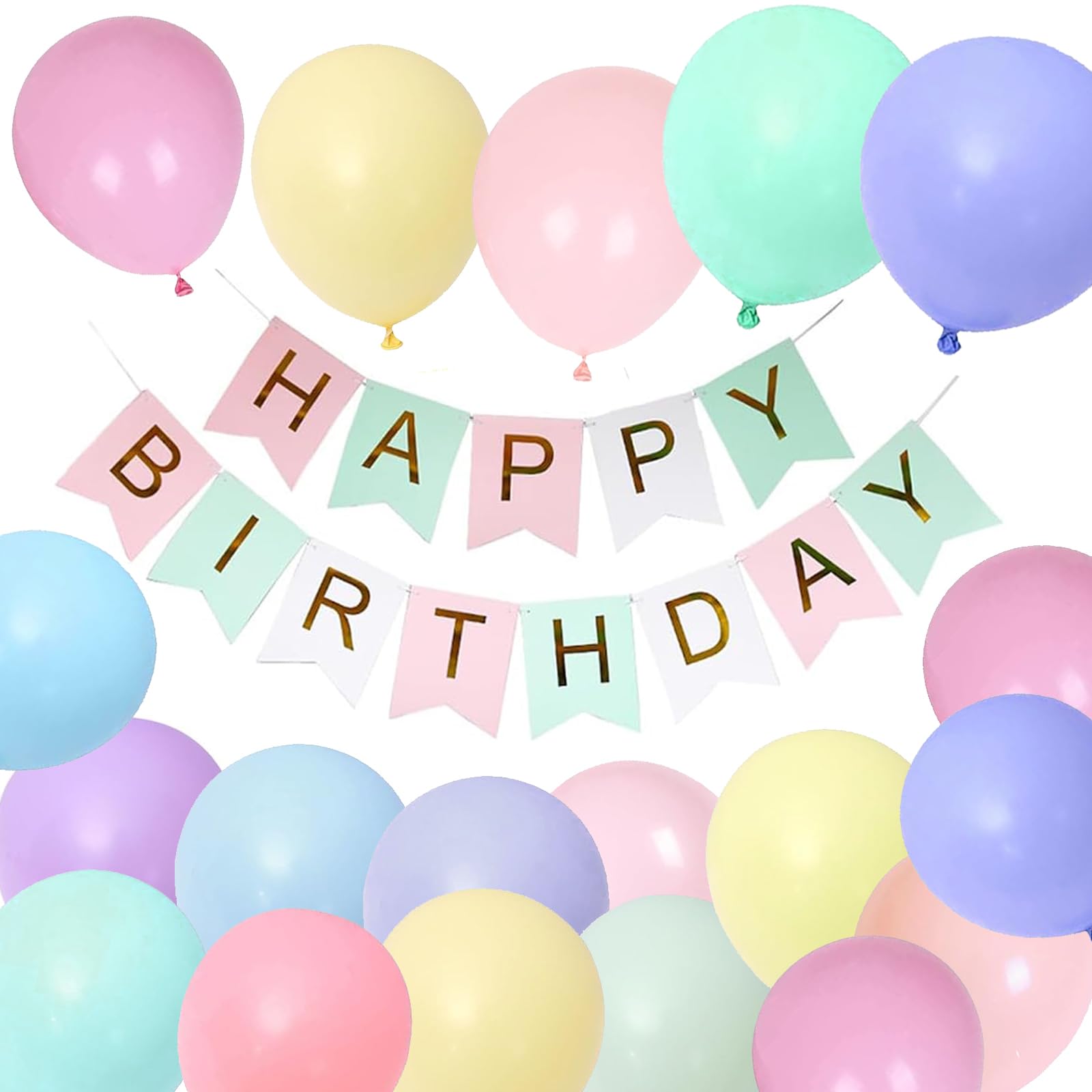 Happy Birthday Banner, Macaron Birthday Decoration 16pcs Happy Birthday Balloons, Ribbons and Birthday Banners, Happy Birthday Decorations（Macaron）