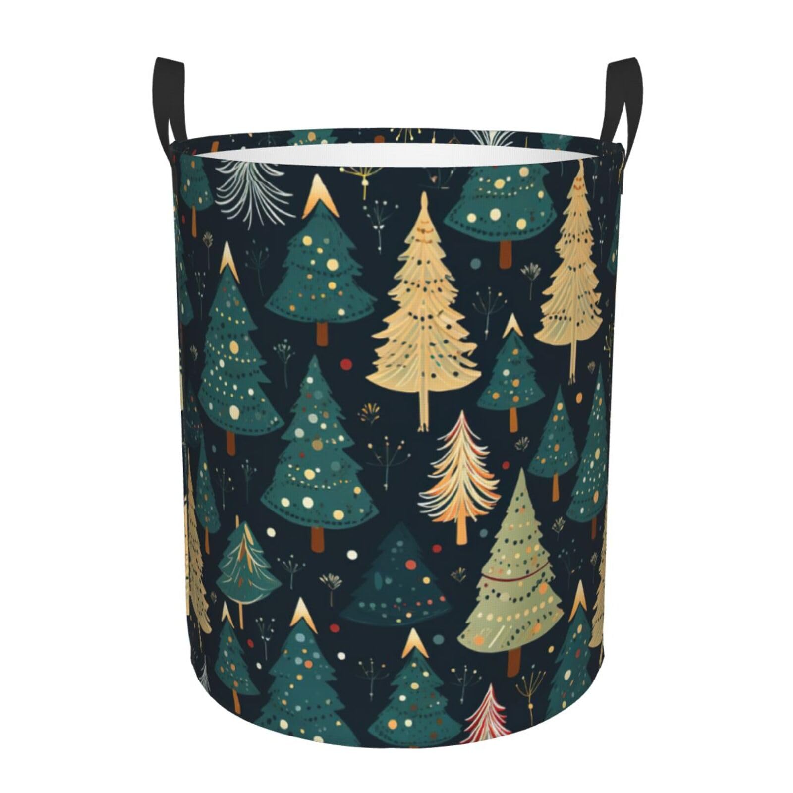 M Collapsible Laundry Hamper Round Christmas Tree Print Storage