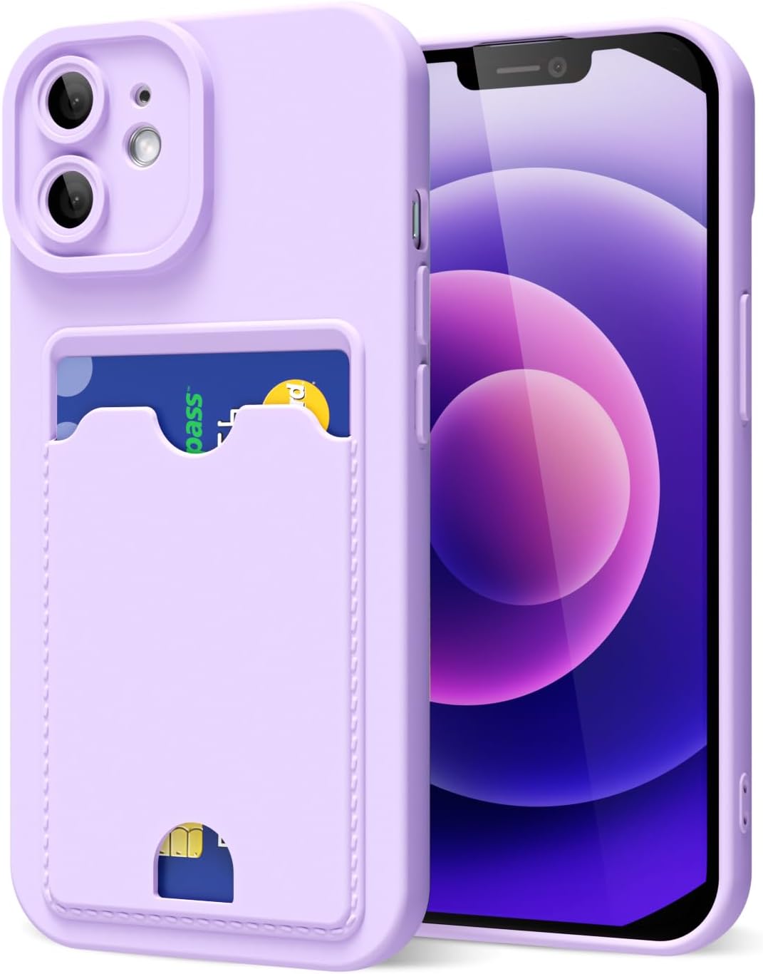 oakxco for iPhone 12 Mini Case with Card Holder, Cute Silicone Wallet Phone Case with Credit Card Slot, Soft Rubber Thin Slim Purse for Women Men with Camera Cover Protection, Purple Lavender Lilac