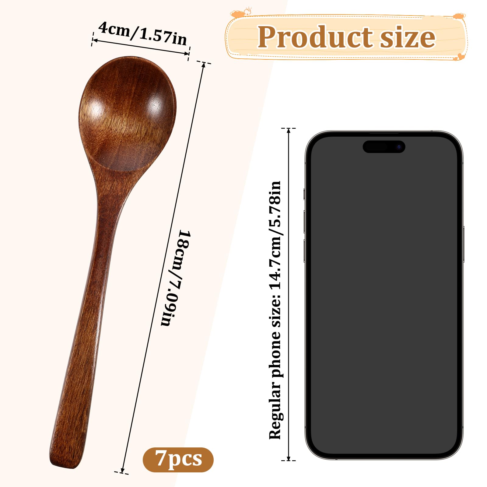 7 PCS 7 Inch Honey Spoons, Wooden Spoons for Eating,Table Spoon for Stirring, Small Serving Spoon for Soup, Hardwood Wooden Honey Teaspoon for Cooking