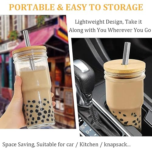 Miniatura 4 de ASANMEYO 2 Pcs 24 oz Glass Cups With Bamboo Lids and Straws & 2 Airtight Lids, Reusable Boba Cup Smoothie Cup Mason Jar Drinking Glasses Iced Coffee