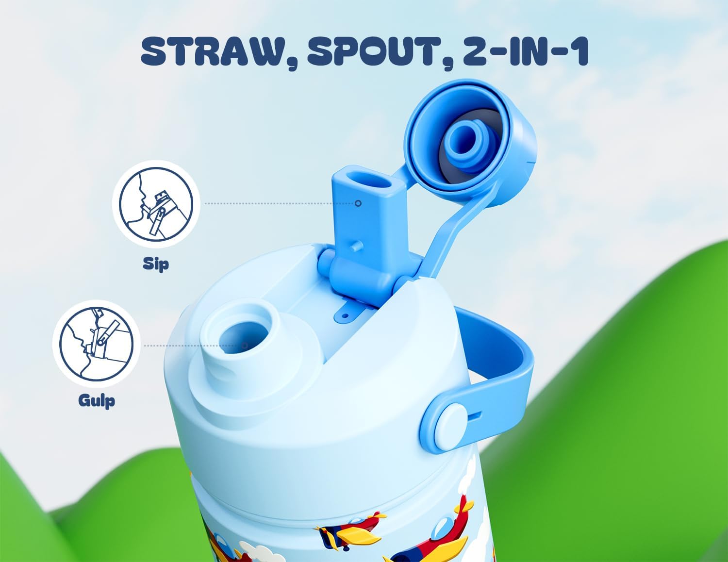 POWCAN 2 Pack 12 oz Kids Insulated Water Bottle for School: Leakproof, 2-in-1 Straw Spout Lid, BPA-Free, Keep Cold 24 Hrs, Stainless Steel Cup for Sports, Travel, Gift for Girls Boys Daughters Sons - Image 2