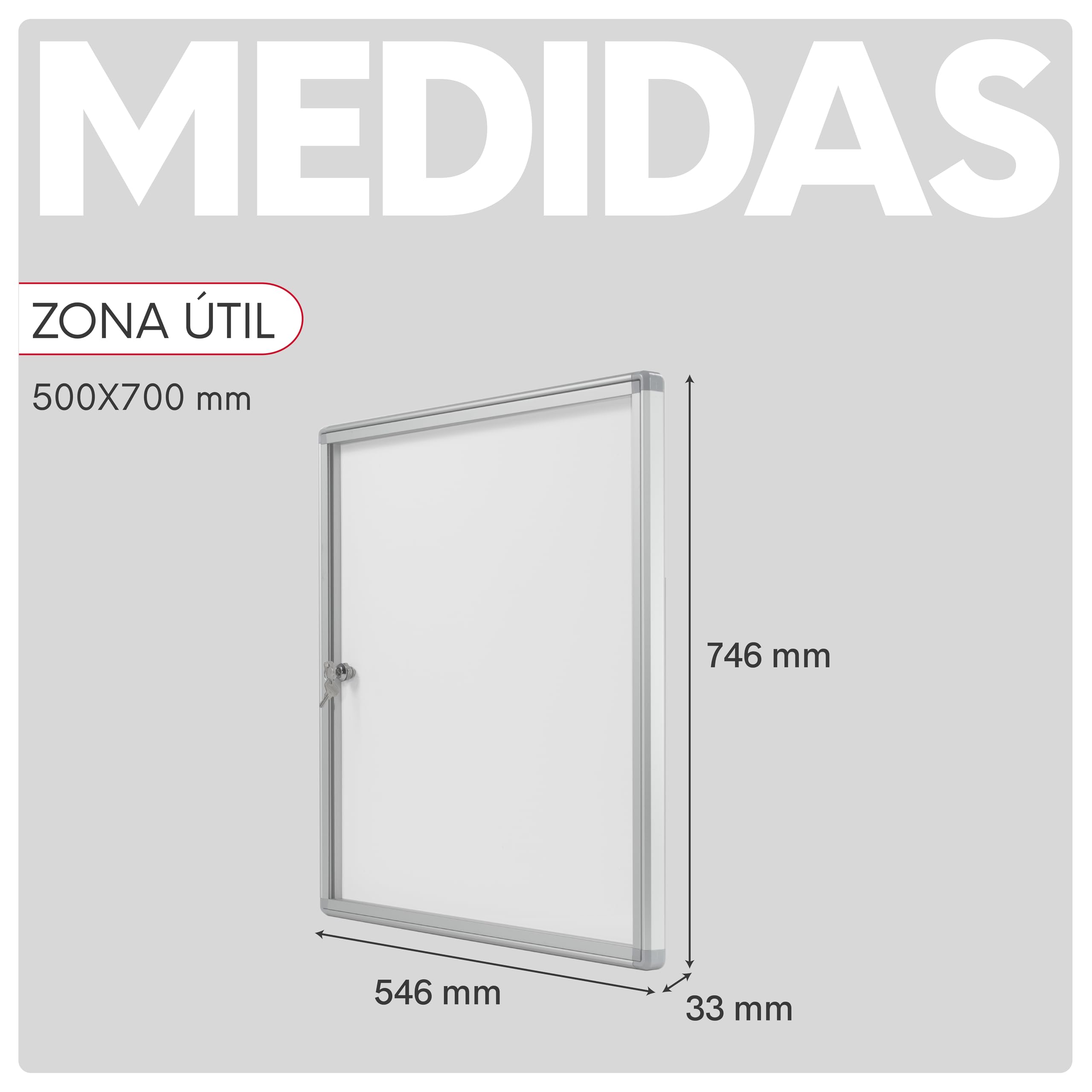 Tablon de Anuncios con Llave 50x70cm | Capacidad para 4 hojas A4 | Tablón Anuncios Exterior o Interior | Aluminio y Policarbonato Resistente | Fondo Metálico Apta para Imánes
