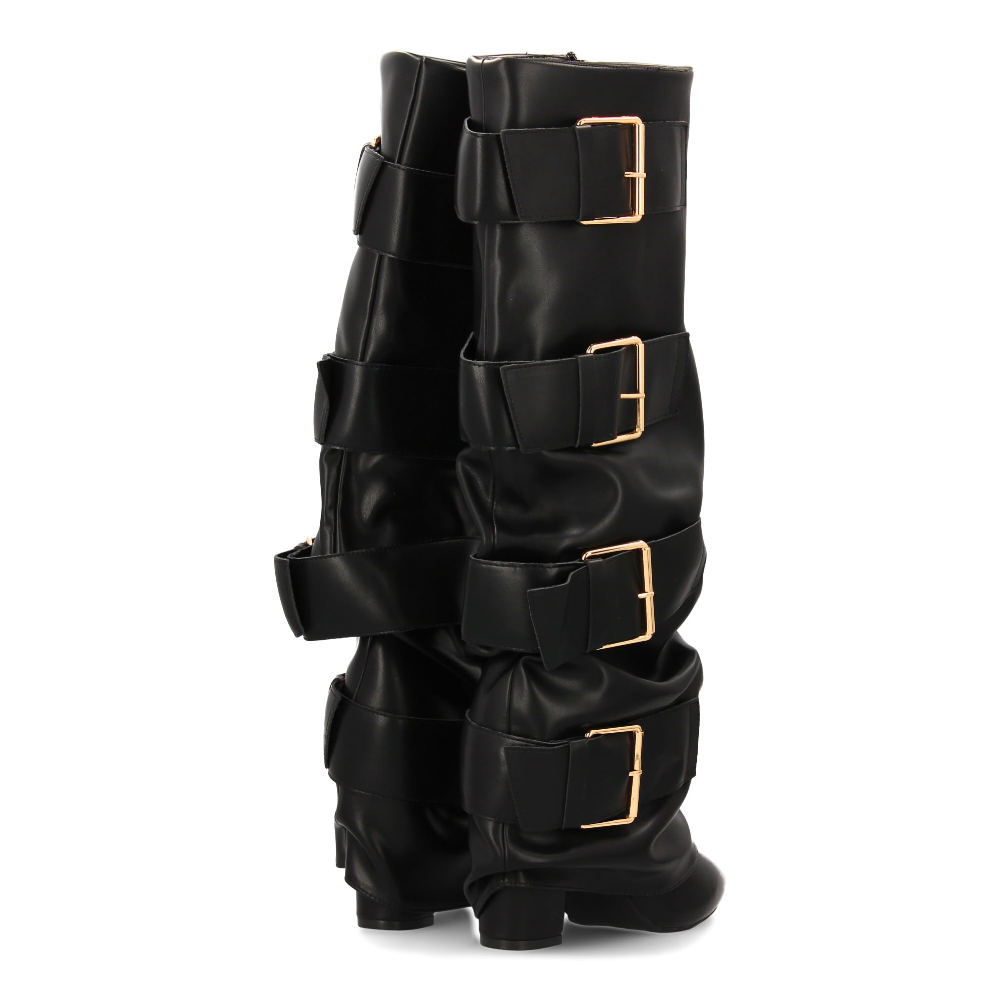 Botas Altas para Mujer con Hebillas y Efecto de Forro. Punta Fina y Tacon Comodo, Estilo Moderno y Elegante, Ideal para la Temporada Otono Invierno.