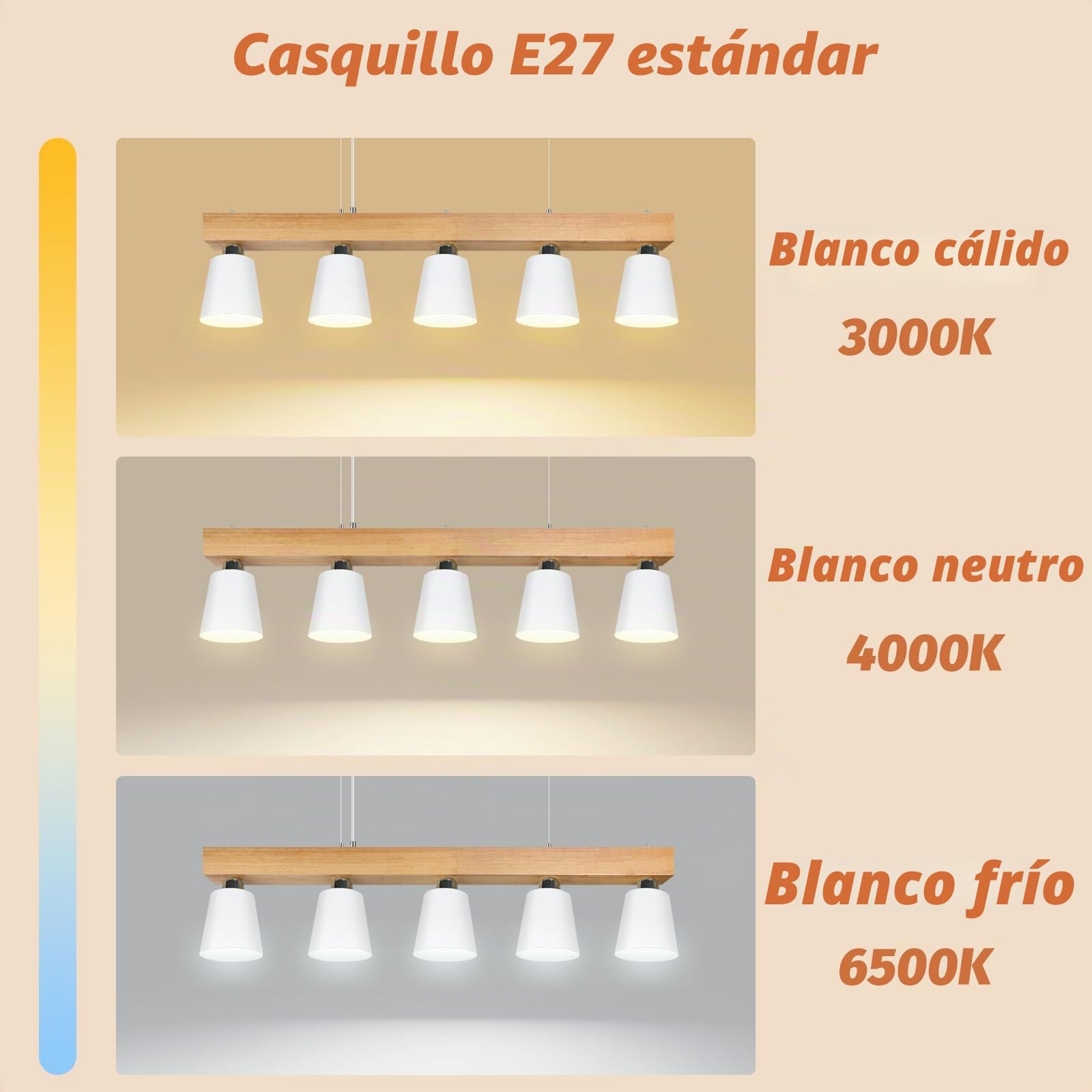 ZMH Lámpara colgante de madera con 5 luces para comedor | Estructura de metal y madera con altura ajustable incluye 5 bombillas de luz blanca cálida para salón o cafetería