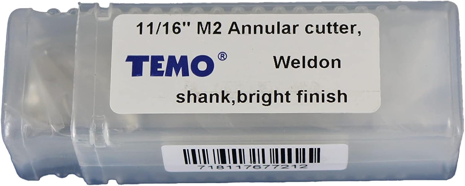 TMAX M2 Annular Cutter with Weldon Shank, Bright Finish, 11/16 Inch Cutting Diameter x 1 Inch Depth of Cut for Standard Drill Press, Drill Bit Cutter