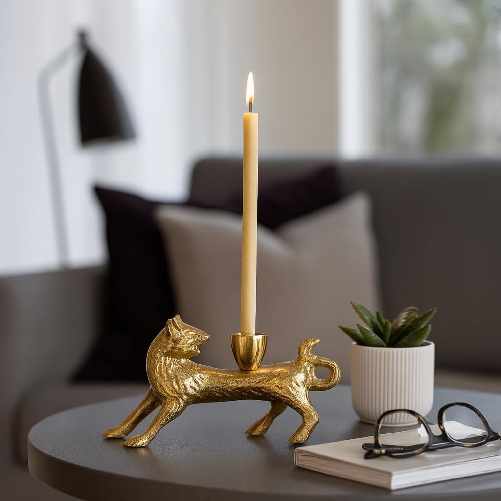 Decorative Metal Fox Taper Candle Holder for Home Decor - Artistic Candlestick Holders for Shelf, Office Spaces, or Living Room Decor - Modern Candle Stand Holder for Table Centerpieces - 4" Gold