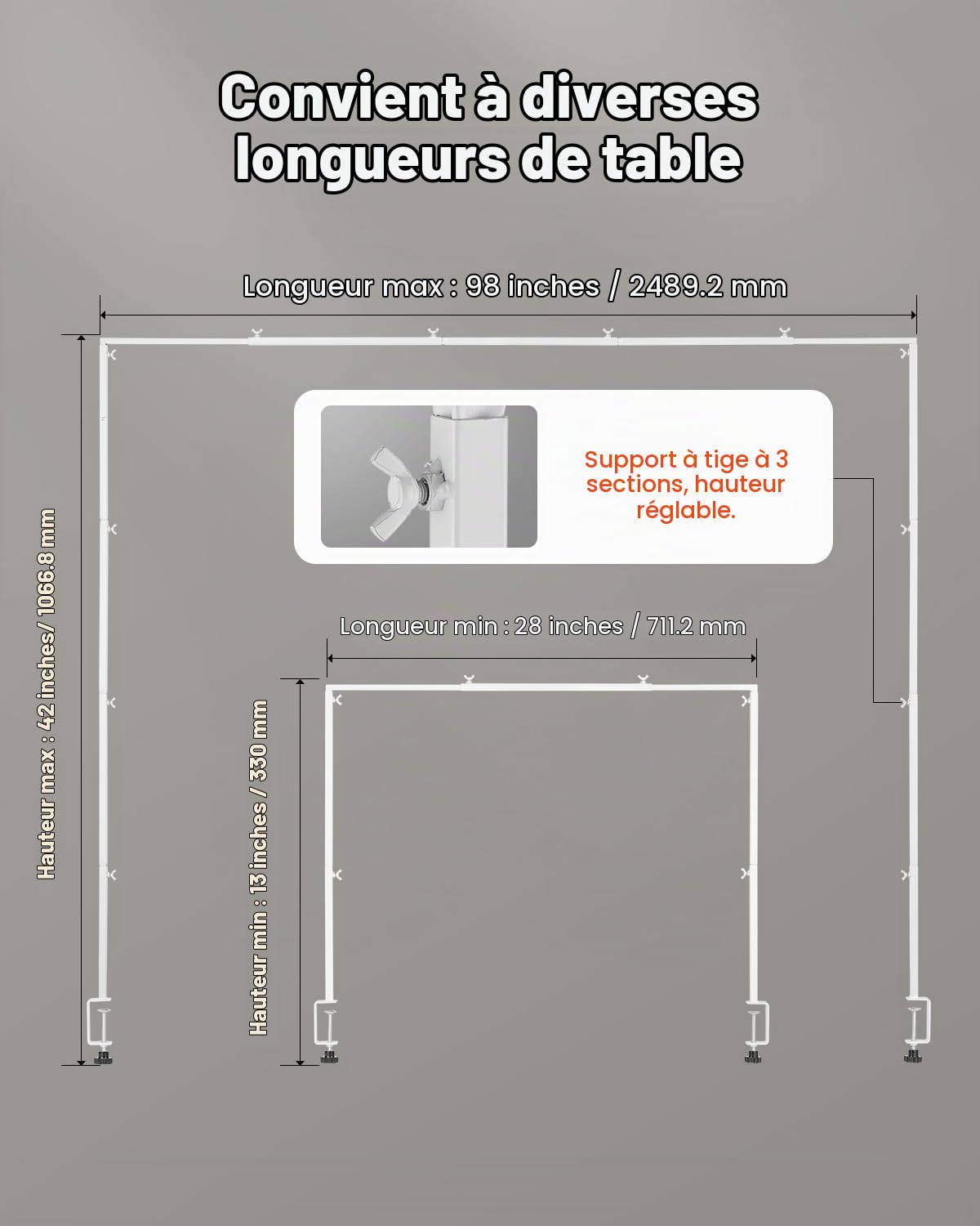 VEVOR Support Tige de Table avec Pinces, Support Arche de Table, Hauteur Réglable 330-1066,8 mm Longueur Réglable 711,2-2489,2 mm, Cadre Arche Métal, pour Déco de Mariage, Anniversaire, Noël, Blanc