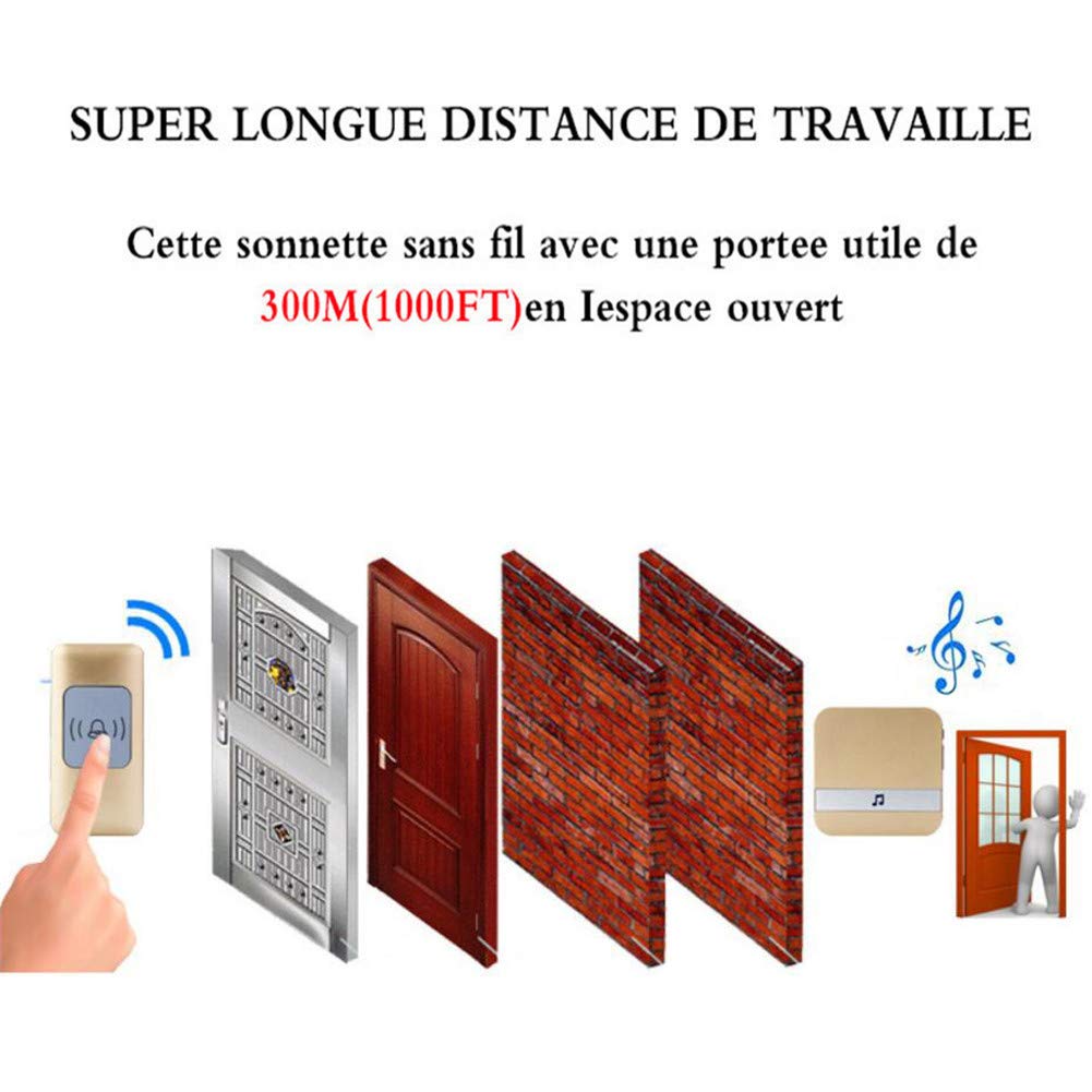Timbre inalámbrico Impermeable, Timbre igente Universal con Alcance de 300 m, 3 pulsadores + 1 Receptor, 52 Tonos de Llamada, 4 Niveles de Volumen, Negro y