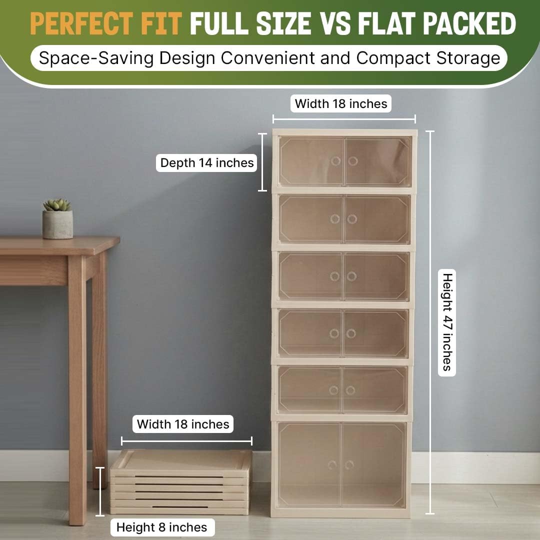 Foldable 6-Tier Shoe Rack Organizer, Large Clear Shoe Storage Cabinet with Magnetic Doors, Heavy Duty Slim Vertical Shoes Rack for Bedroom, Entryway or Garage - Beige (Holds 12 Pairs)