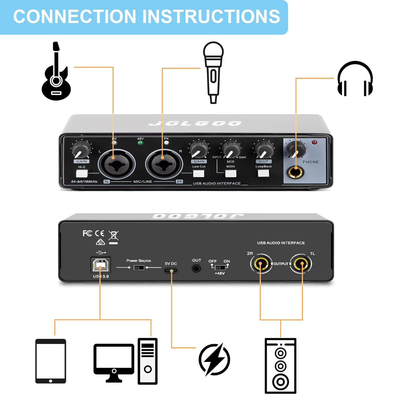 USB Audio Interface, Jolgoo 24-Bit/192kHz Plug & Play Recording
