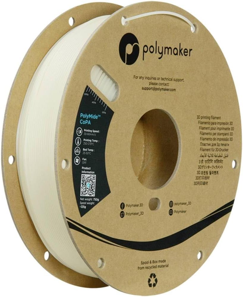 Polymaker Nylon Filament 1.75mm 0.75kg Natural CoPA, PolyMide CoPA Warp Free Nylon 3D Printer Filament, Strong & Tough & Heat Resistant