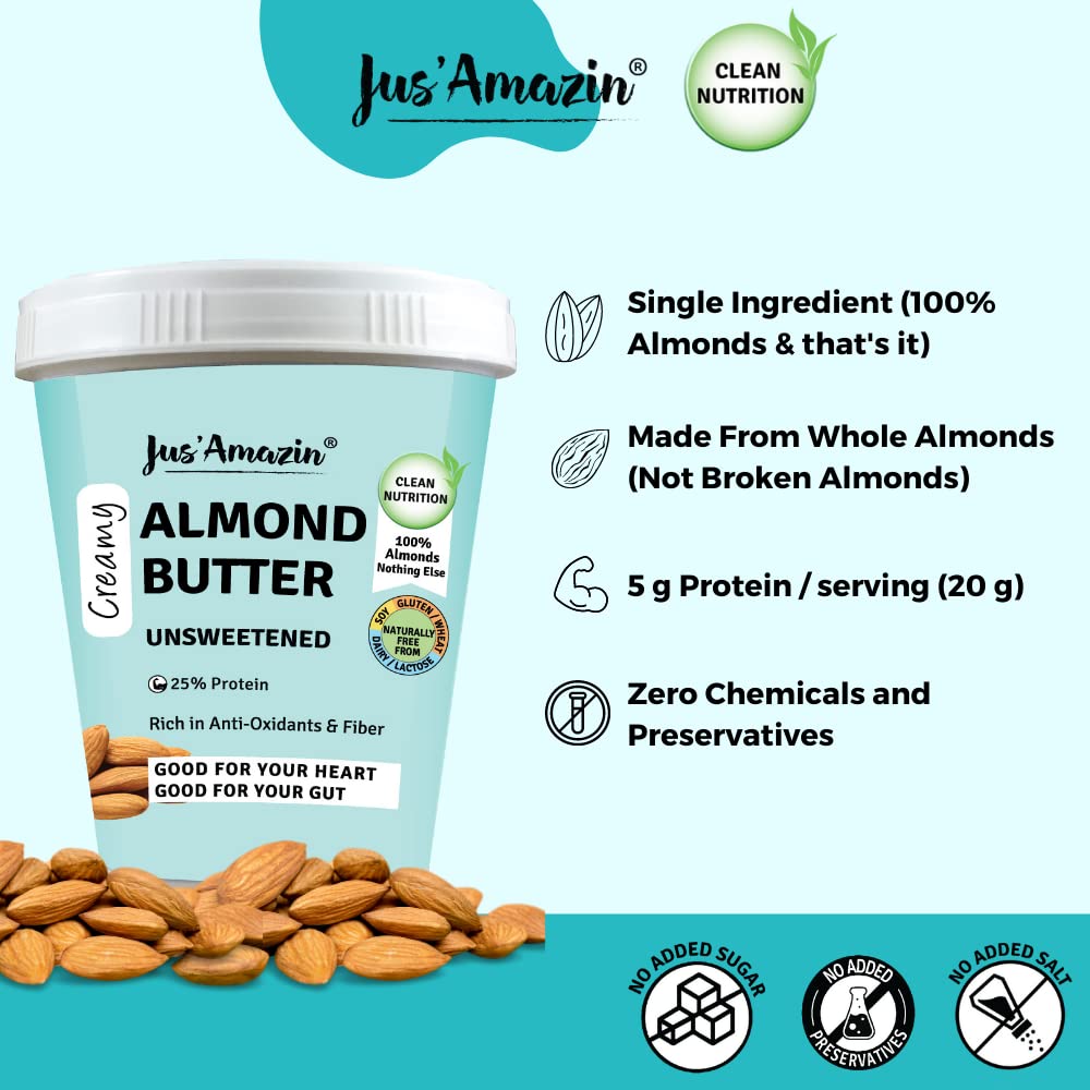 Jus' Amazin Creamy Almond Butter - Unsweetened (1 Kg Tub) | 25% Protein | Only Whole Almonds (100% Pure) | Zero Additives | Keto | Plant Based Nutrition | Clean Nutrition - Image 4 thumbnail
