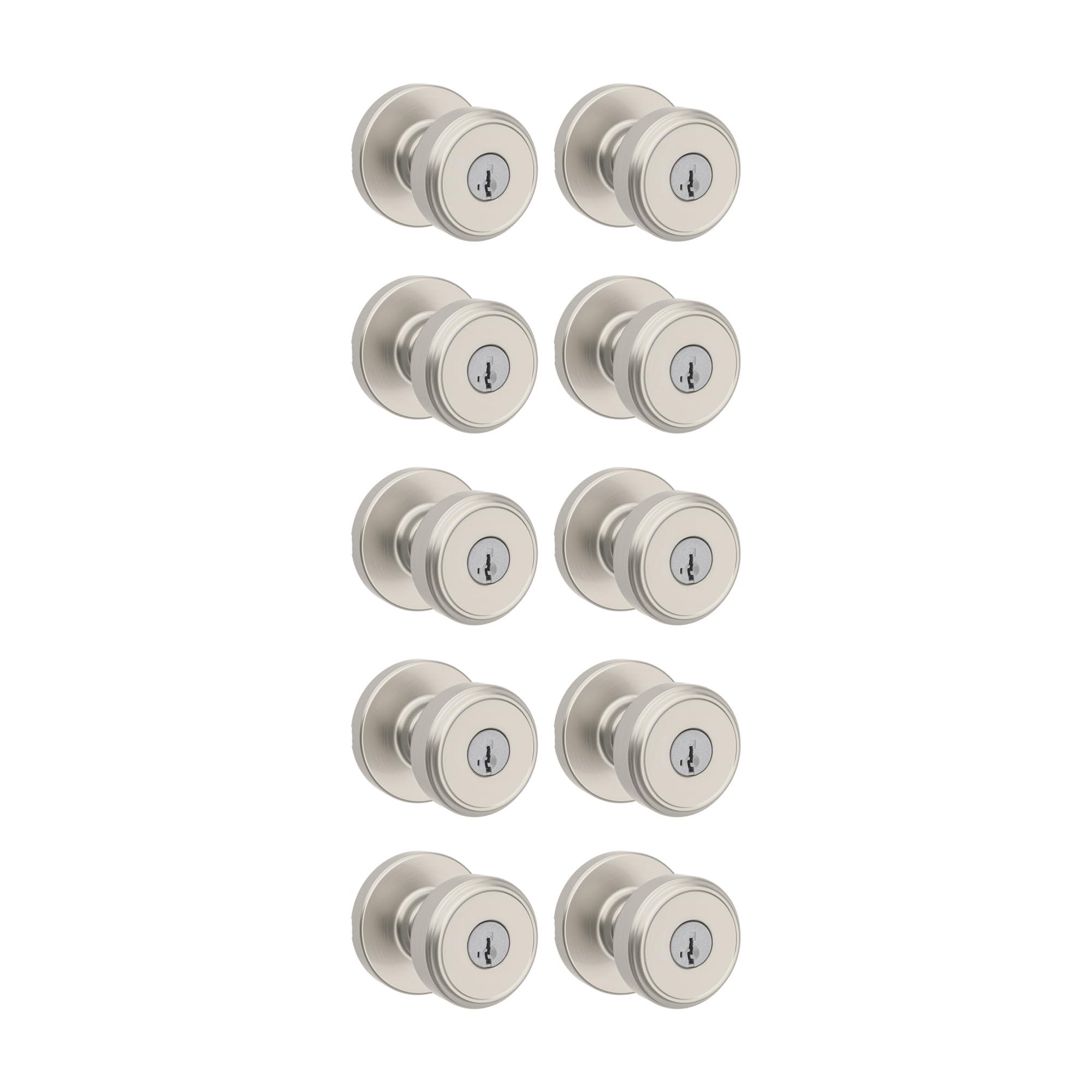 Kwikset Maven Entry Door Knob with Lock and Key, Secure Keyed Handle Exterior, Front Entrance and Bedroom, Satin Nickel, 10 Pack, Pick Resistant SmartKey Rekey Security and Microban
