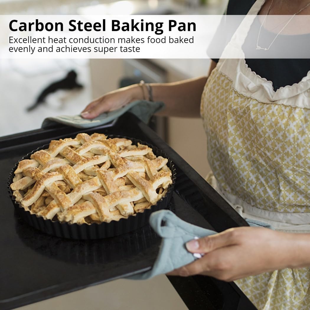 9''/22.8 Cm Fluted Round Tart Quiche Pie Pans, 2 Packs Non-Stick Pie Pans with Bottom Removable, Easy to Use and Clean, Carbon Steel Baking Dish Pan