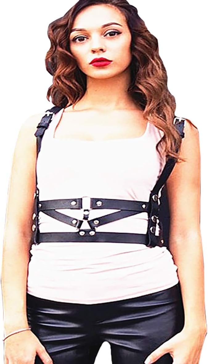 Qiansheng Women's Leather Chest Harness Caged Bra Punk Waist Belt Gothic Body Chain Strappy Adjustable(QS007)