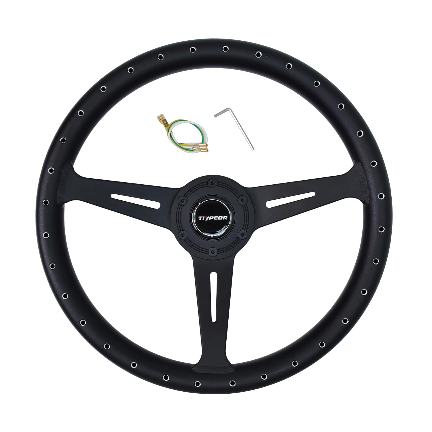 Tiypeor Universal Steering Wheel 14”/350mm Black Oxidized All Aluminum with Drilled Rim, JDM Racing Accessories for Game Simulators, Rally and Tuner Cars