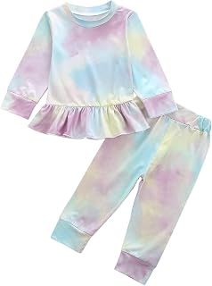 Conjunto de calça de manga comprida de algodão com babados coloridos para o outono e inverno para meninas