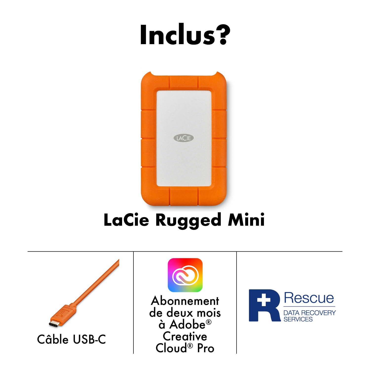 LaCie Rugged Mini 5TB — antichoc, USB‑C Disque dur externe portable 2,5", pour Mac et Windows — Service Rescue Data Recovery inclus
