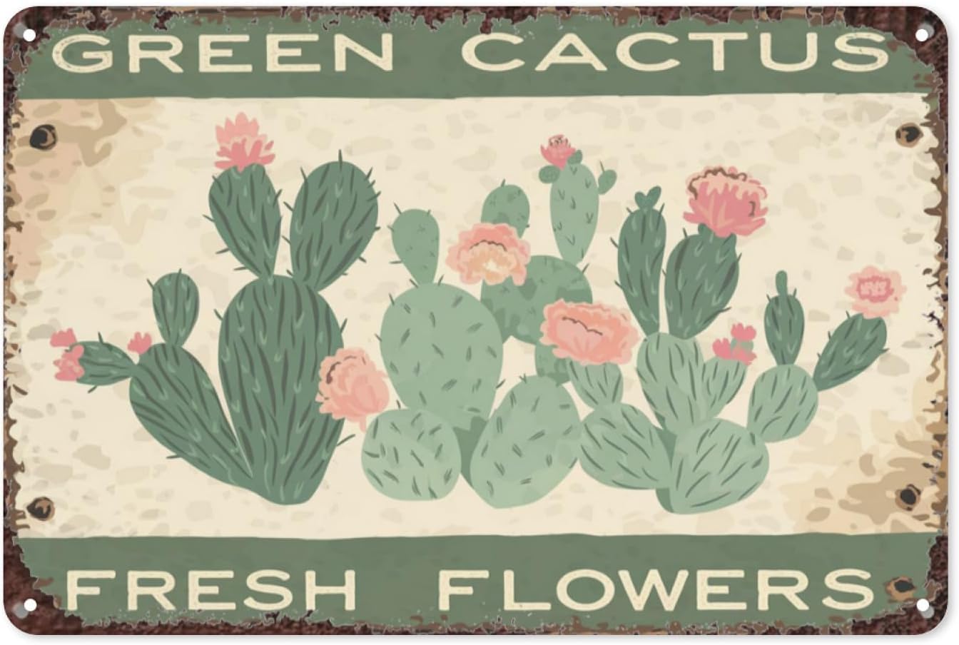 SMAZDFXX Cactus And Flowers Garden Vintage Tin Sign Retro Metal Decor for Porch Boho Aesthetic Inspirational Desert Theme Art Poster 8"x12"