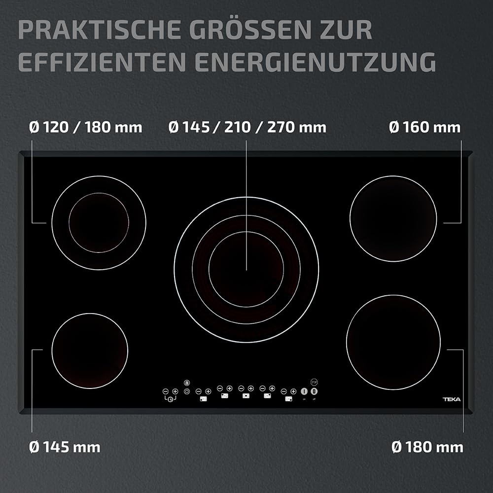 TEKA Elektro-Kochfeld mit 5 Kochzonen, modernes Glaskeramikkochfeld mit Ankochautomatik, Sensorbedienung und Kindersicherung, eleganter Facettenschliff – 90 cm