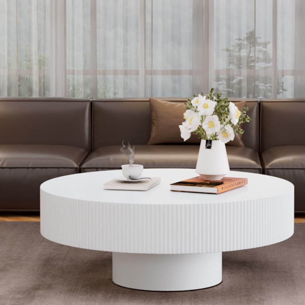 DAXUESEH Round Coffee Table Fluted Coffee Table Drum Coffee Tables Modern Circular Coffee Tables Circle Pedestal Center Table for Living Room