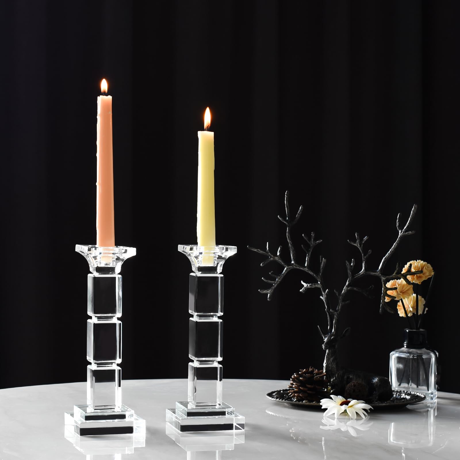 Kristall Kerzenhalter Set, 2 Stück, Dual-Use für Stumpenkerzen & Teelichter, Moderner Leuchter mit elegantem Design als Tischdeko für Hochzeit, Wohnzimmer & Restaurant