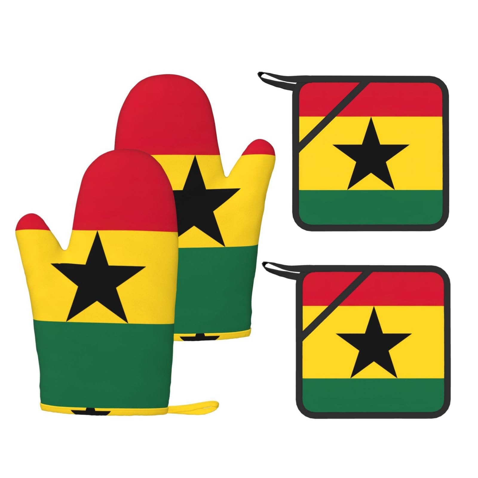 Flag of Ghana Printed Kitchen Set with Heat Resistant Oven Gloves & Non-Slip Pot Holders for Daily Cooking