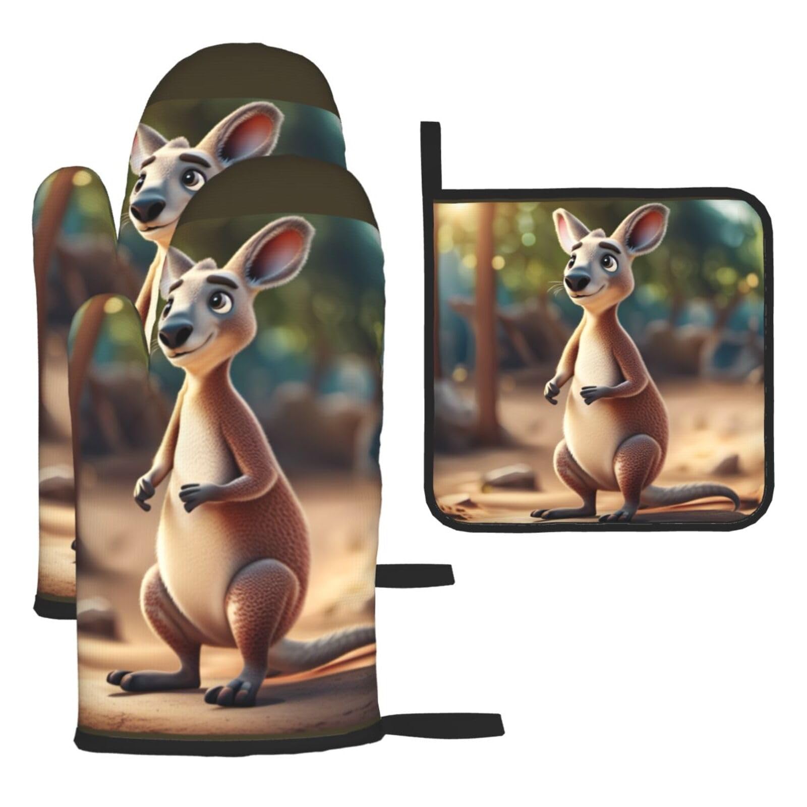 Funny Cartoon Kangaroo Zoo (2) Print Oven Kitchen Gloves For Baking Outdoor Grilling Home Use Mitts Microwaving Bbq