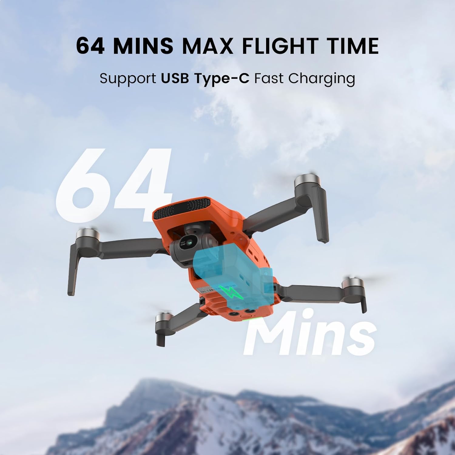 FIMI Mini 3 drone flying with an overlay indicating 64 minutes max flight time and USB Type-C fast charging support.