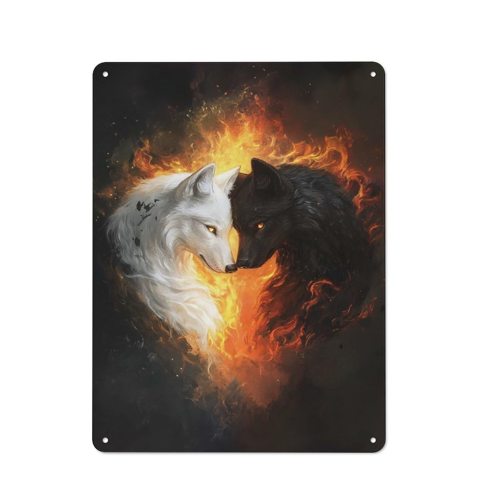 White And Black Wolves in Flames Retro-style Metal Plaque 40x30cm for Café Or Home Bar, Suited to Café-style Decor Fans