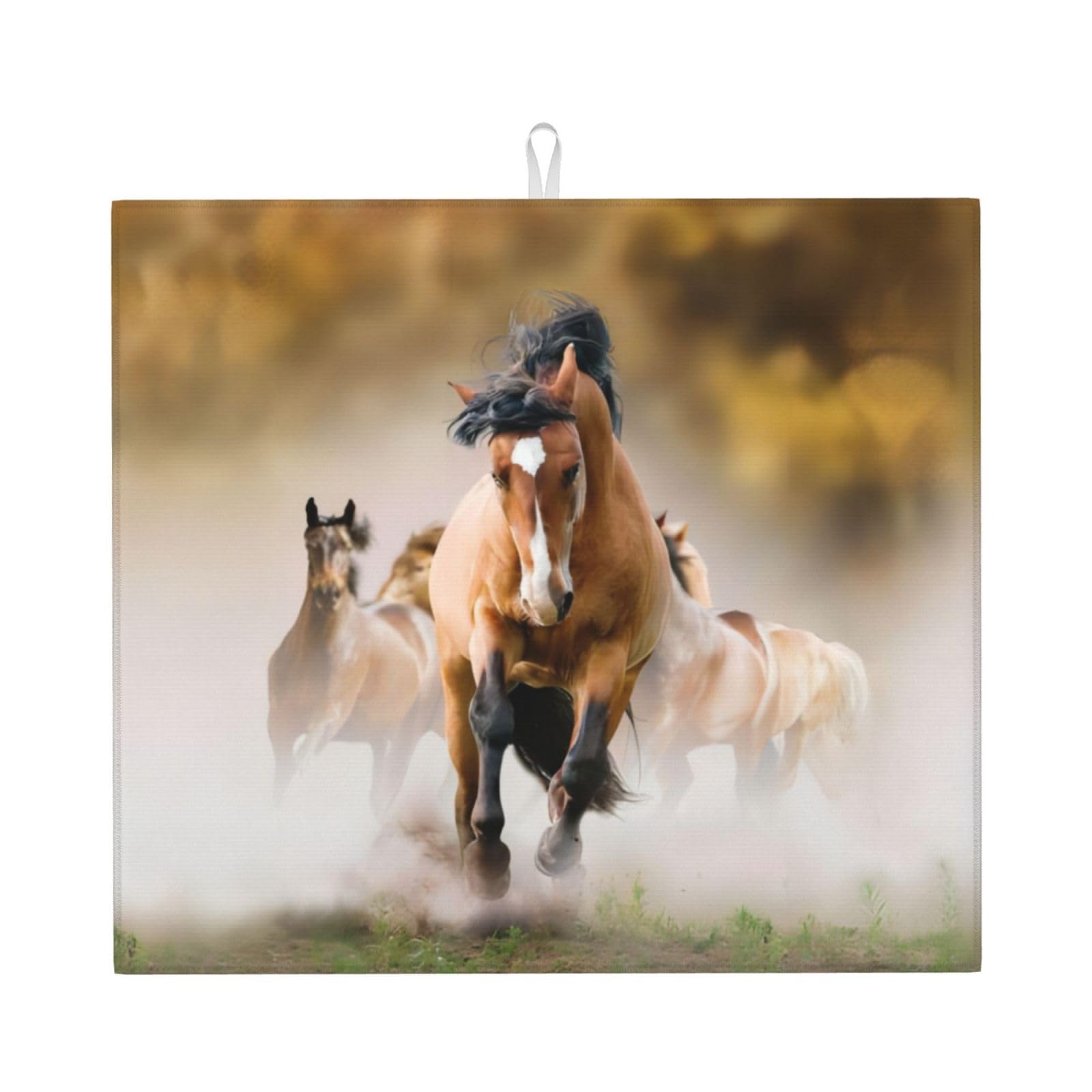 WHJSSF Horses Prints Kitchen Drying Mat - Absorbent Dish Drying Throw with Colorful Prints, Quick-Dry Countertop Layer for Dishes & Appliances - Non-Slip & Foldable