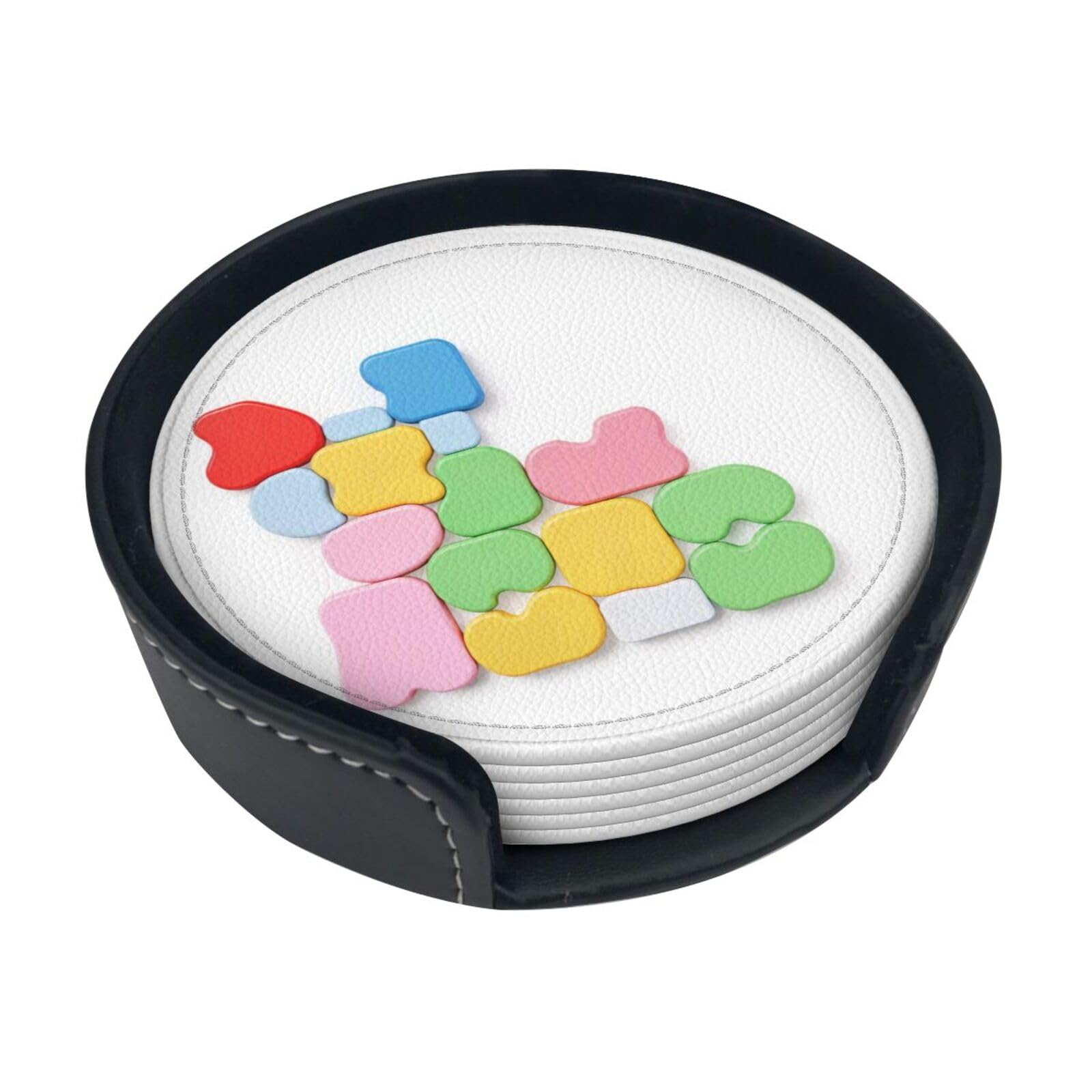 Color Block Leather Coasters-Set of 6 with Storage Holder