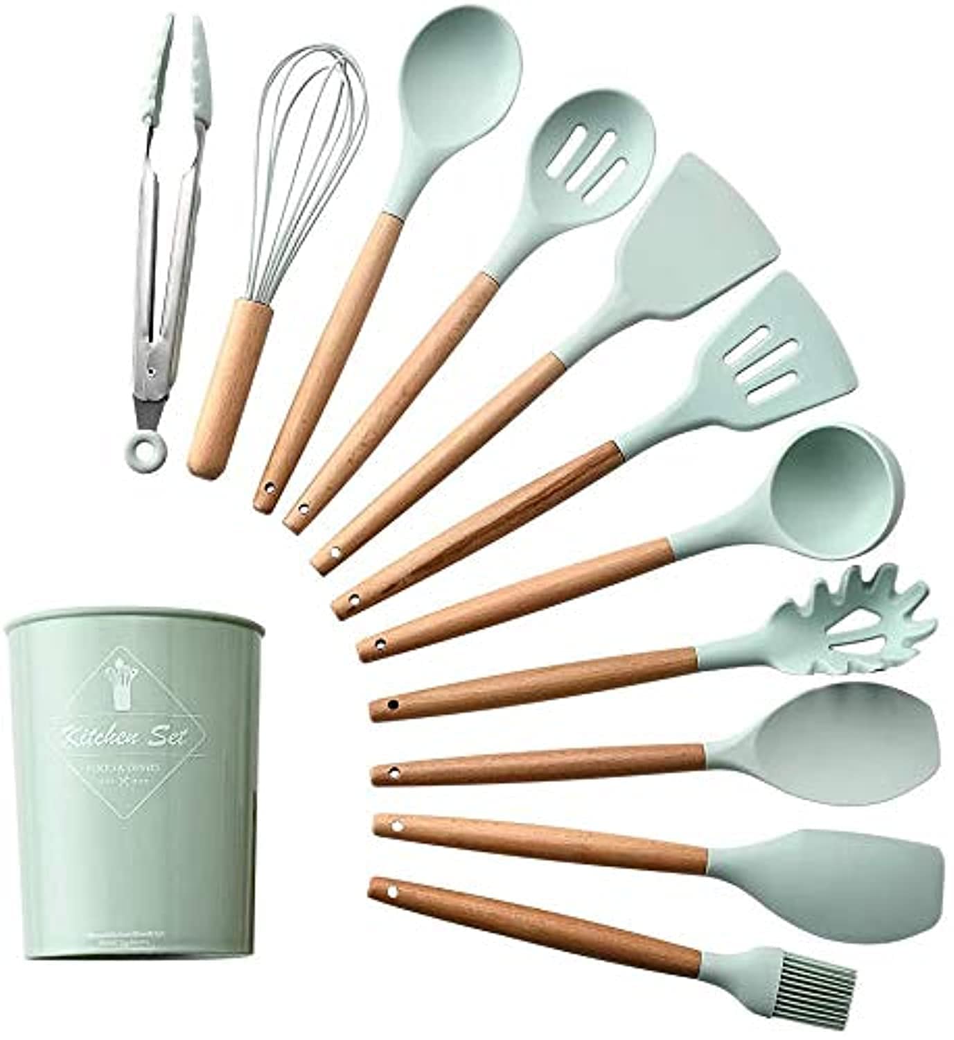 ComCreate Silicone Cooking Kitchen 11Pcs Wooden Utensils Tool For Nonstick Cookware,Cooking Utensils Set With Bamboo Wood Handles For Nonstick Cookware Non Toxic Turner Tongs Spatula Spoon Set (Green)