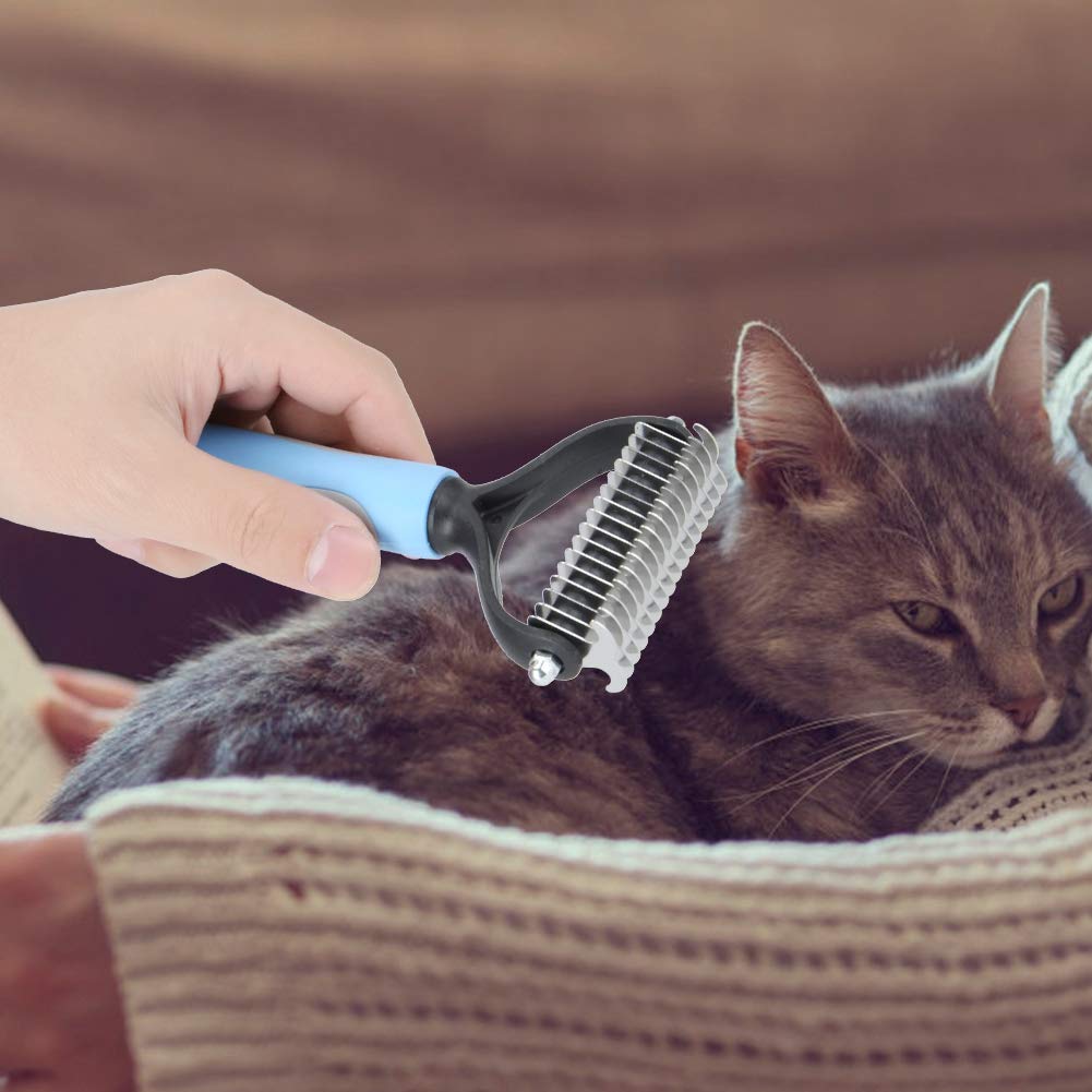 Plplaaoo Pet Grooming Brush, Double Sided Dematting Comb & Undercoat Rake for Dogs & Cats, Deshedding Tool for Long Hair, Metal Cat Brush & Dog Brush for Shedding (Blue, S)